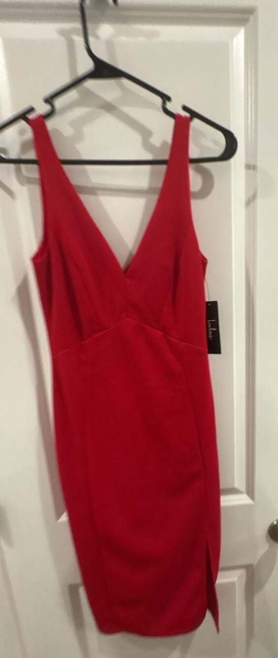 Lulus Red Sleeveless V-Neck Sheath Midi Dress with Side Slit